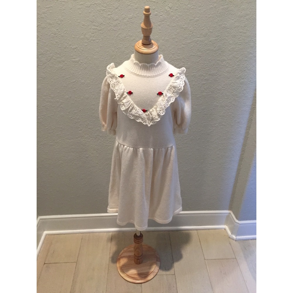 Janie and Jack Girls Cream Knit Sweater Dress Rosebud Eyelet Lace Size 8